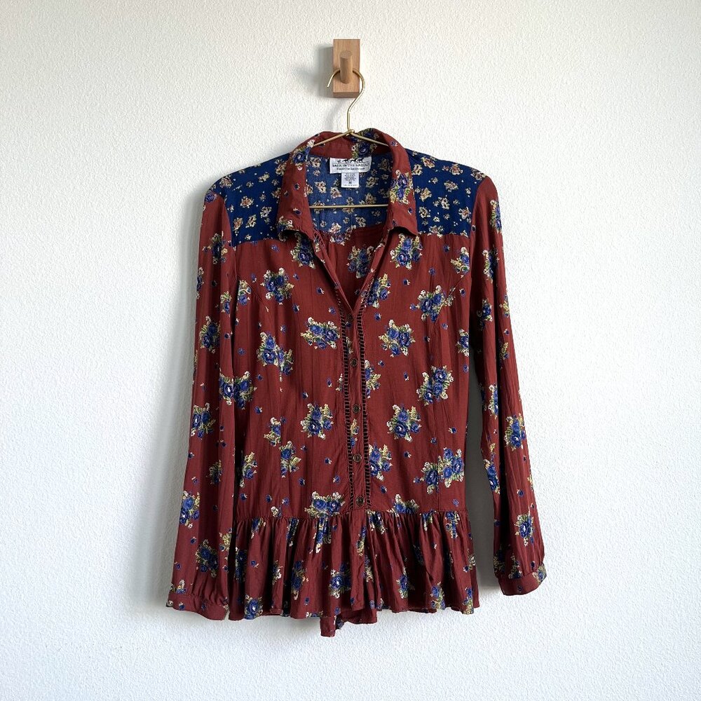 Back in the Saddle Western Boho Floral Blouse with Back Tie & Ruffle Hem - M